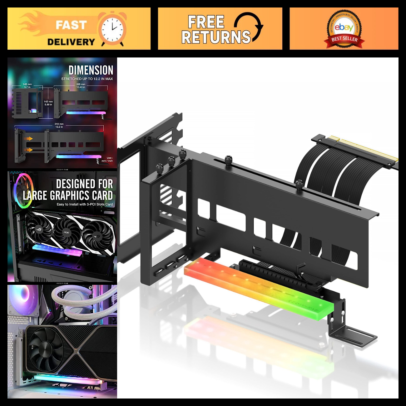 Vertical GPU Mount Bracket with ARGB LED, PCIe 4.0 Riser Cable, Video Card Holde