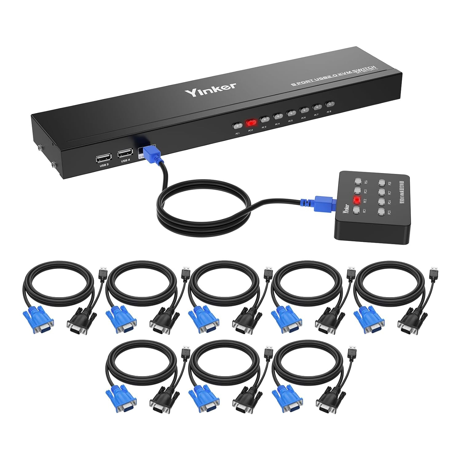 1U Rackmount KVM Console VGA 8 Port + 8 KVM Cables, 8X1 USB VGA KVM Switch + 4
