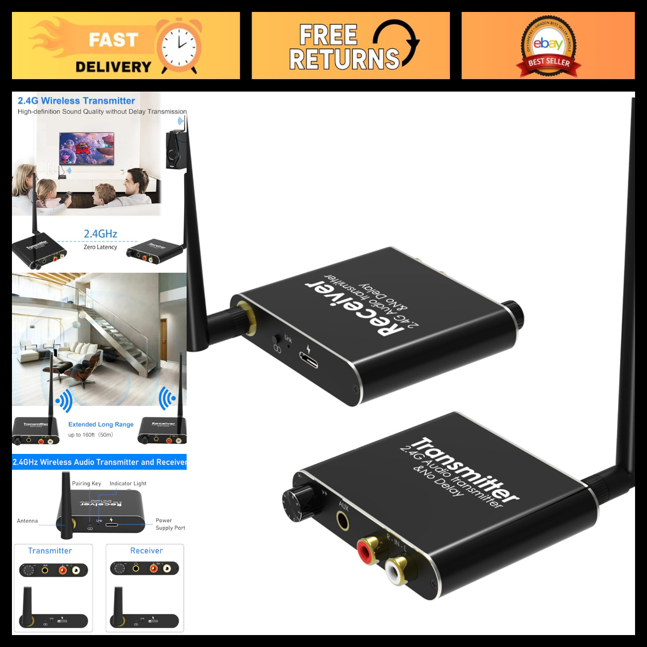 Wireless Audio Transmitter Receiver Set 2.4GHz (1 TX + 1 RX) for TV & Home Use