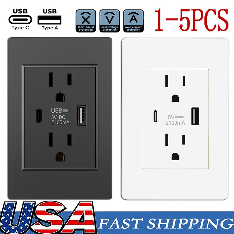 Dual Wall Outlet with USB Ports Charger AC Power Receptacle Plate Panel 15A 120V