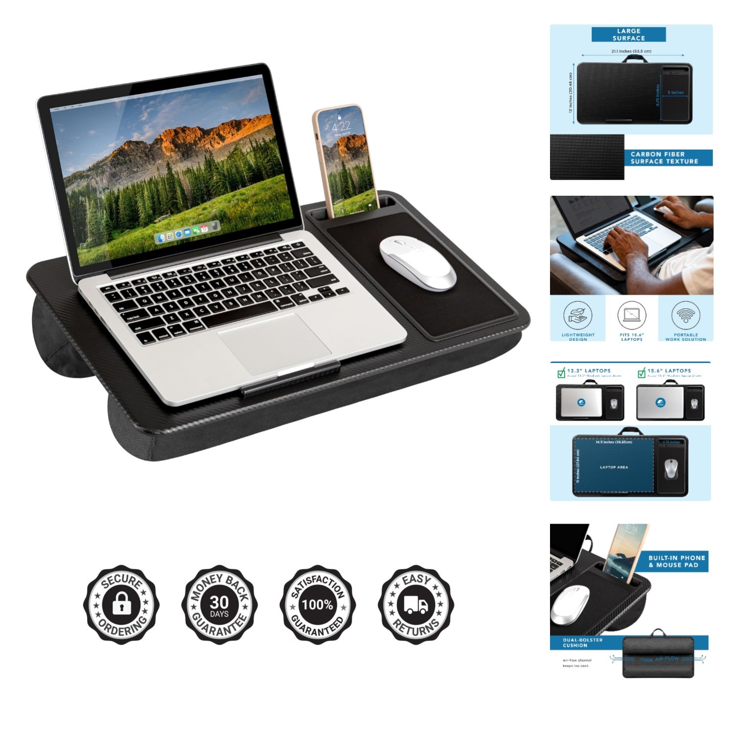 Home Office Lap Desk with Device Ledge, Mouse Pad, and Phone Holder - Black C...