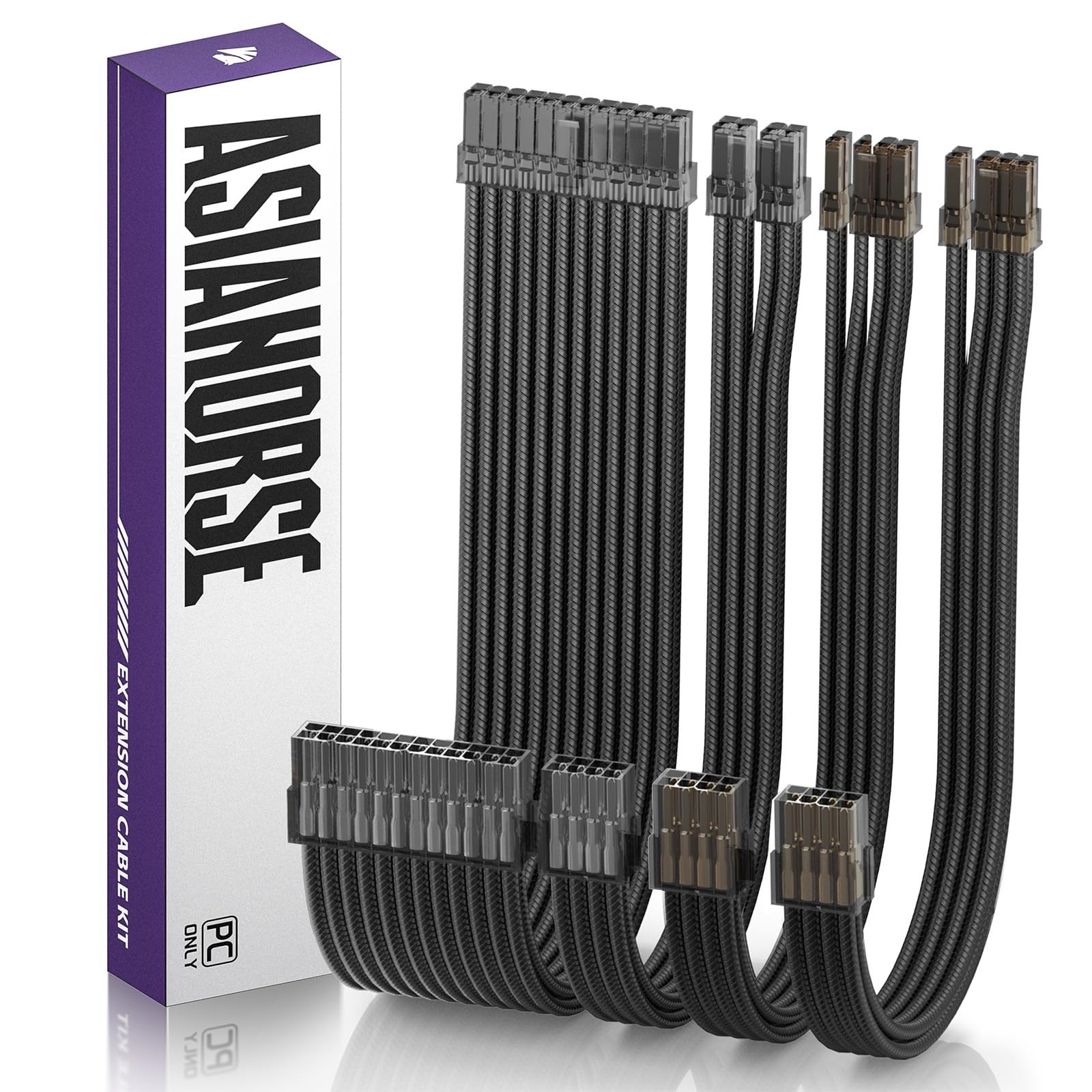 AsiaHorse 16AWG PSU Cable Extension Kit, 13.6 x 3 x 1.5 inches, Bright Black