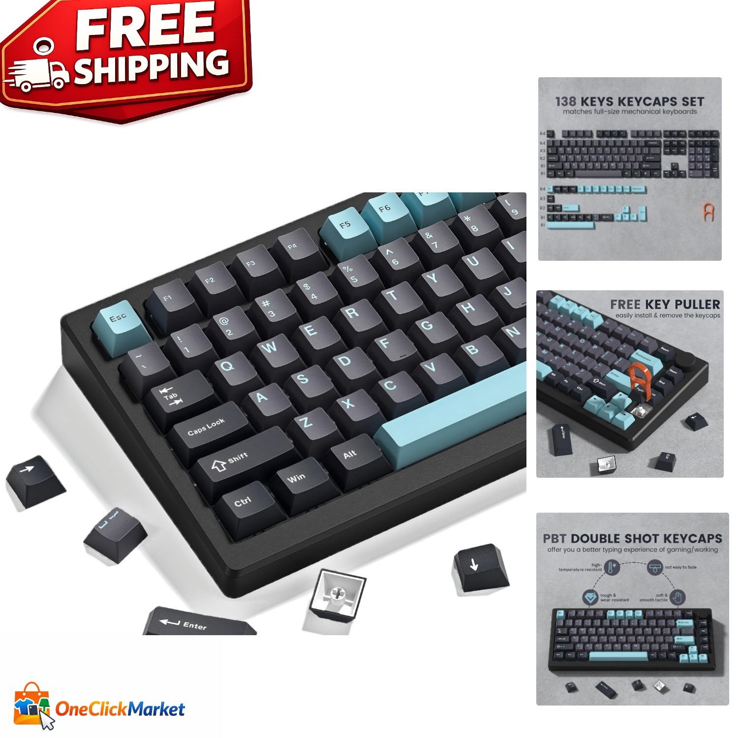 Double Shot PBT Keycaps Set - Ergonomic Cherry Profile in Retro Grey/Blue