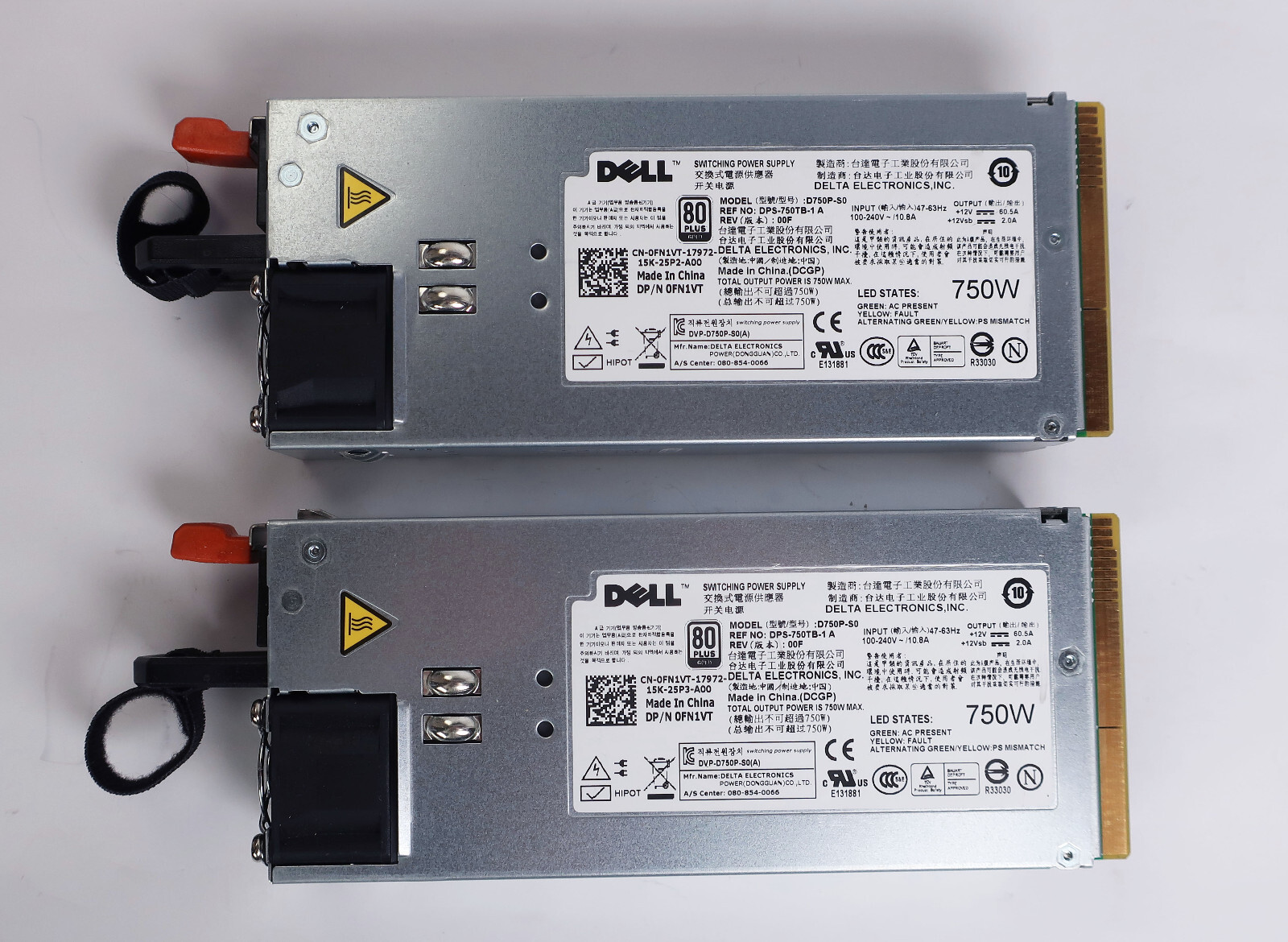 2 Dell FN1VT Poweredge R510 750W Power Supply 80 Plus Gold D750P-S0 PSU