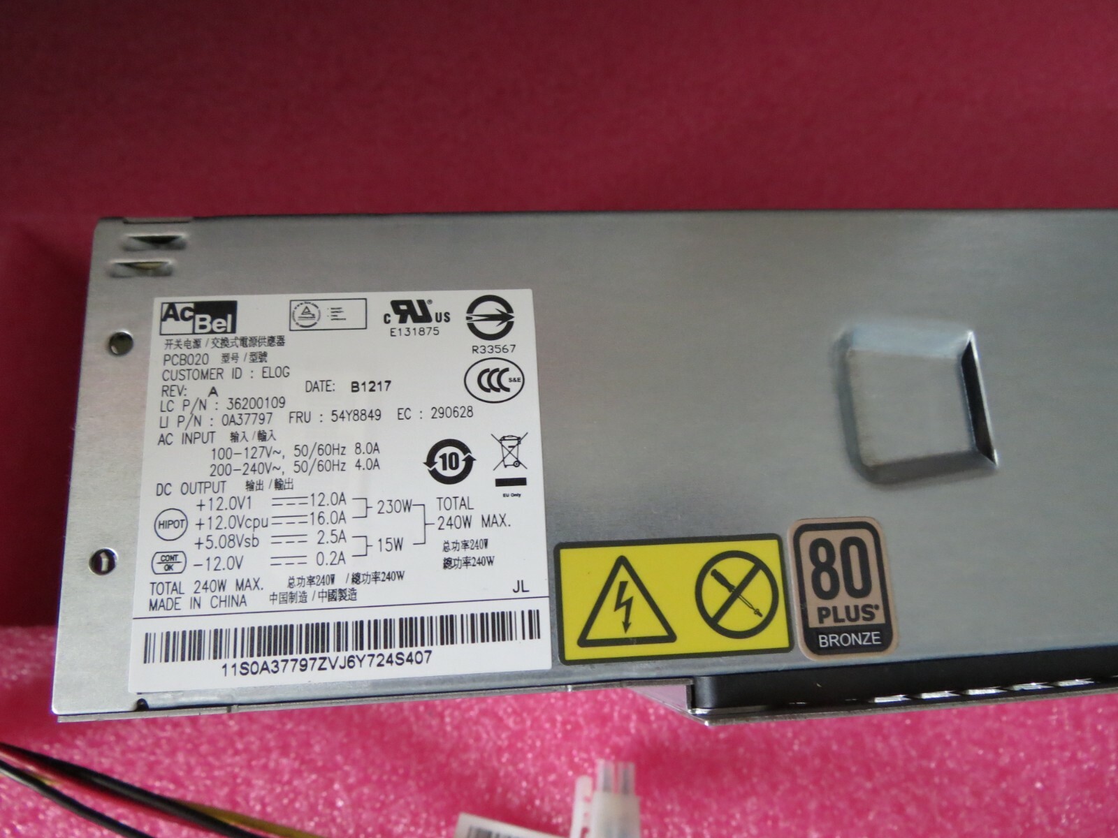 Genuine Lenovo 54Y8849 240 Watts Power Supply 14-Pin AcBel PCB20 80+Bronce