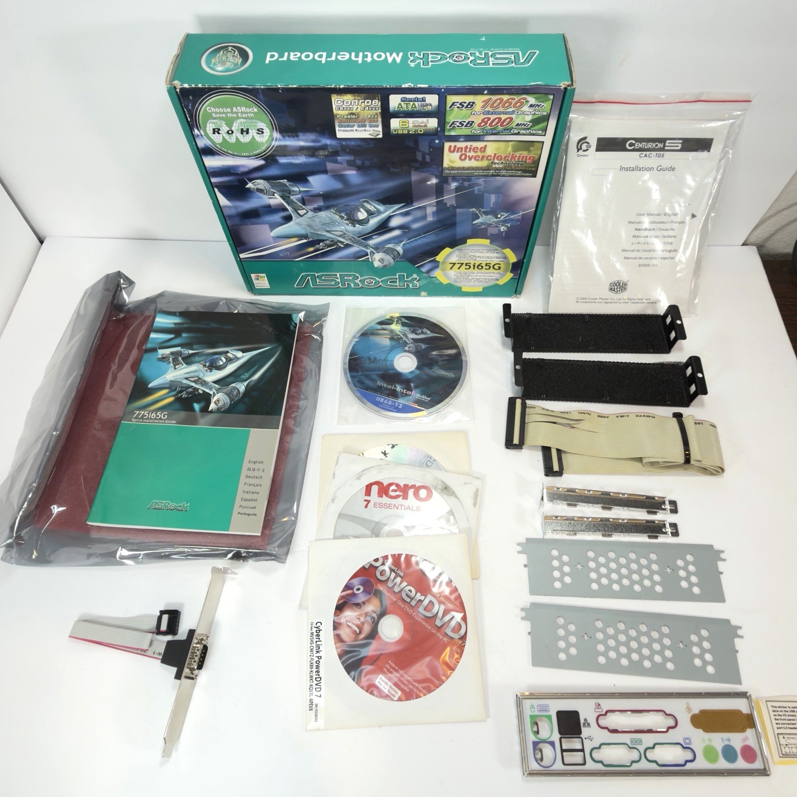 ASRock 775i65G R2.0 Motherboard Box Manual Driver CD I O Shield Cable Parts Lot