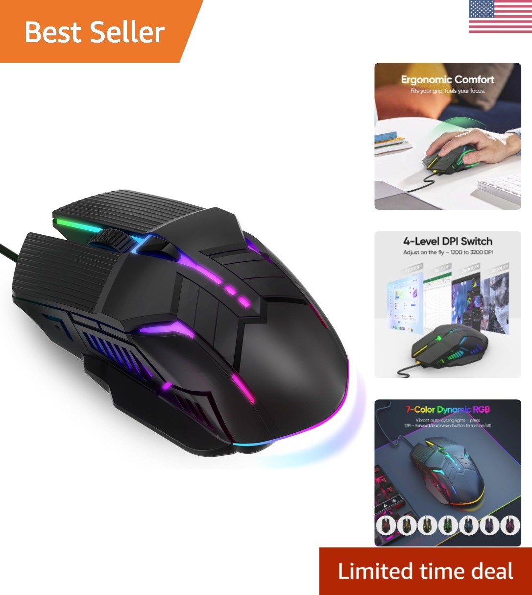 Dynamic RGB LED Wired Gaming Mouse: Lightweight, Ergonomic, Perfect for Windows