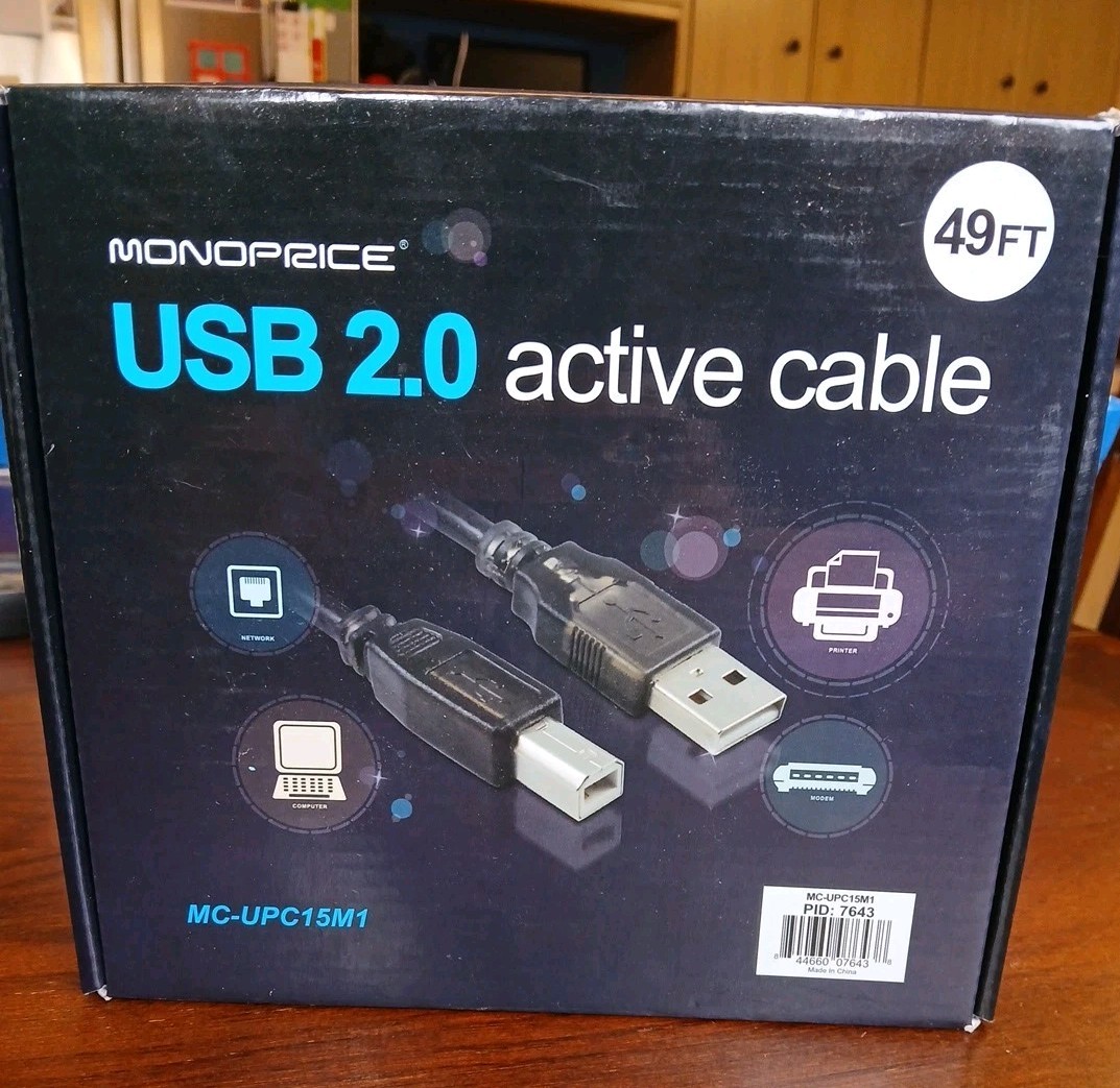 MONOPRICE 7643 USB 2.0 Active Cable, 49ft.L, Black New Open Box
