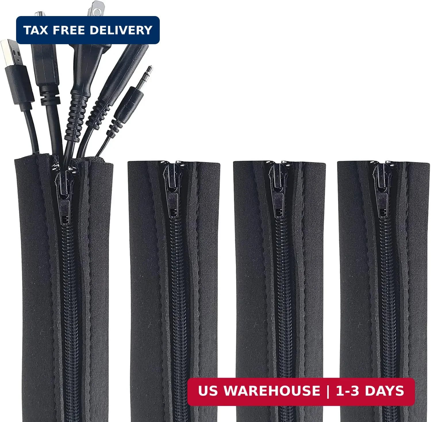 Wrap-It Storage Zipper Cable Sleeve, Black, 24", 4-Pack
