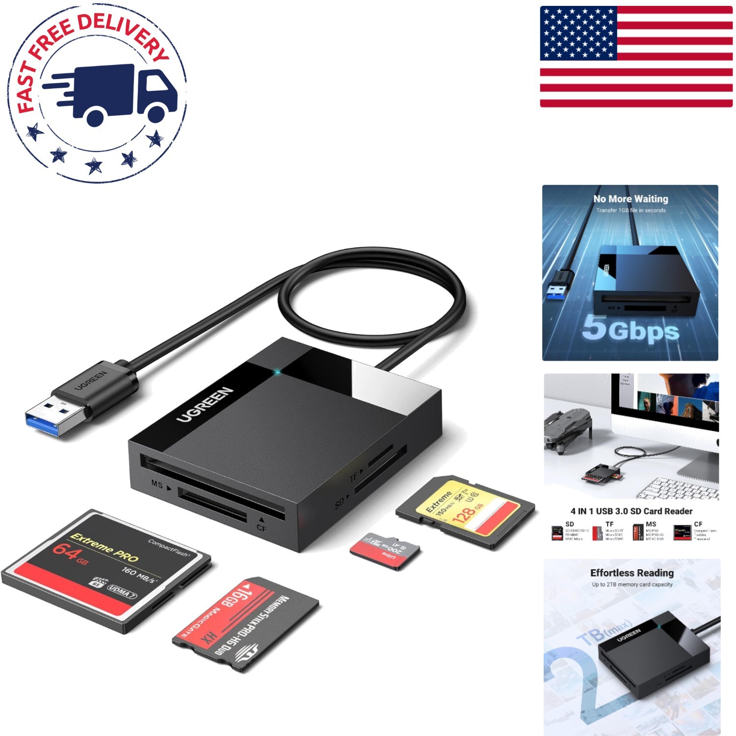 4-Port USB 3.0 Card Reader for Efficient 5Gbps Data Transfer, Compact Design