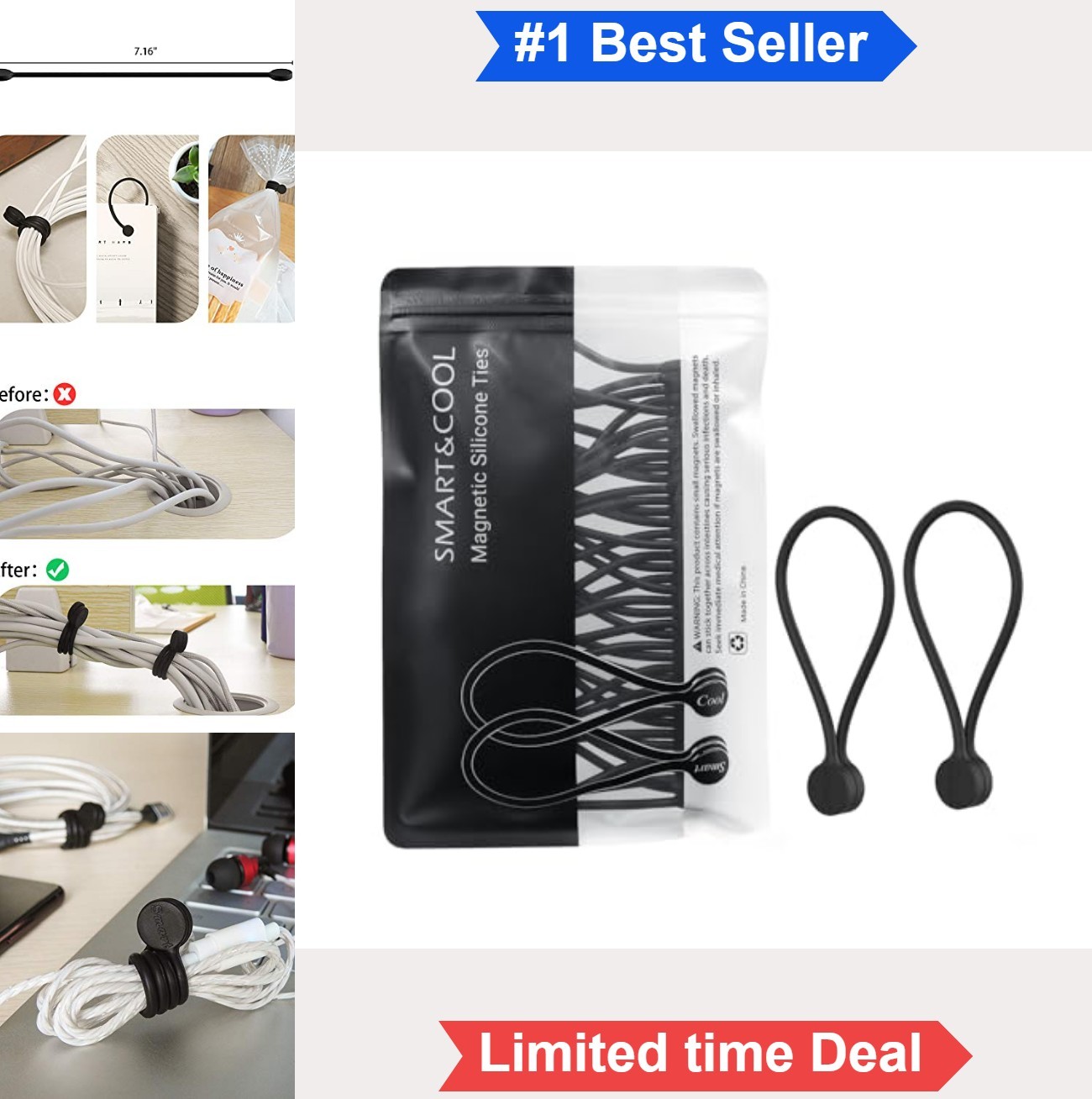 Reusable Silicone Magnetic Cable Ties Black 20 Pack Cord Organizer Wire