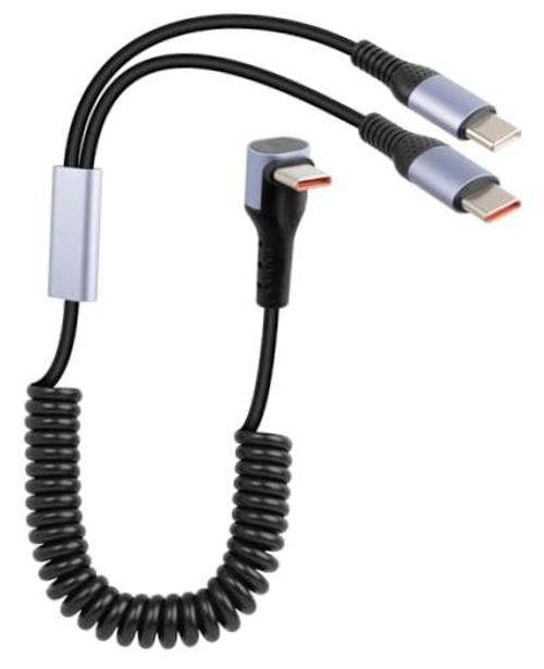 2 in 1 Coiled USB C to USB C Cable 4ft, Right Angle Type C Splitter C to 2C