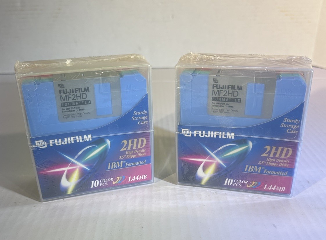New 2 PACKS FUJIFILM Floppy Disk 2HD IBM 3.5”, Mulit-Color Disks 10 PK SEALED