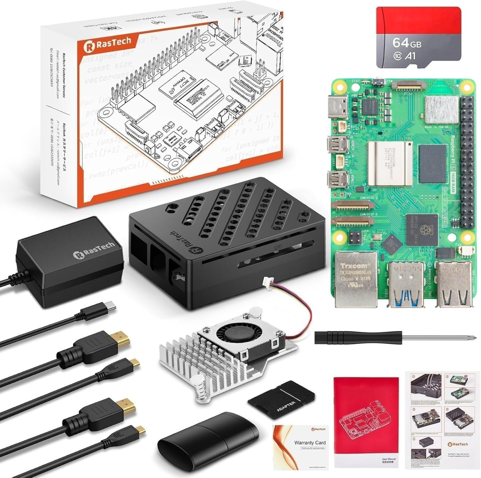 RasTech Raspberry Pi 5 16GB Kit 64GB Edition with Active Cooler,GaN 27W 5.1V5A