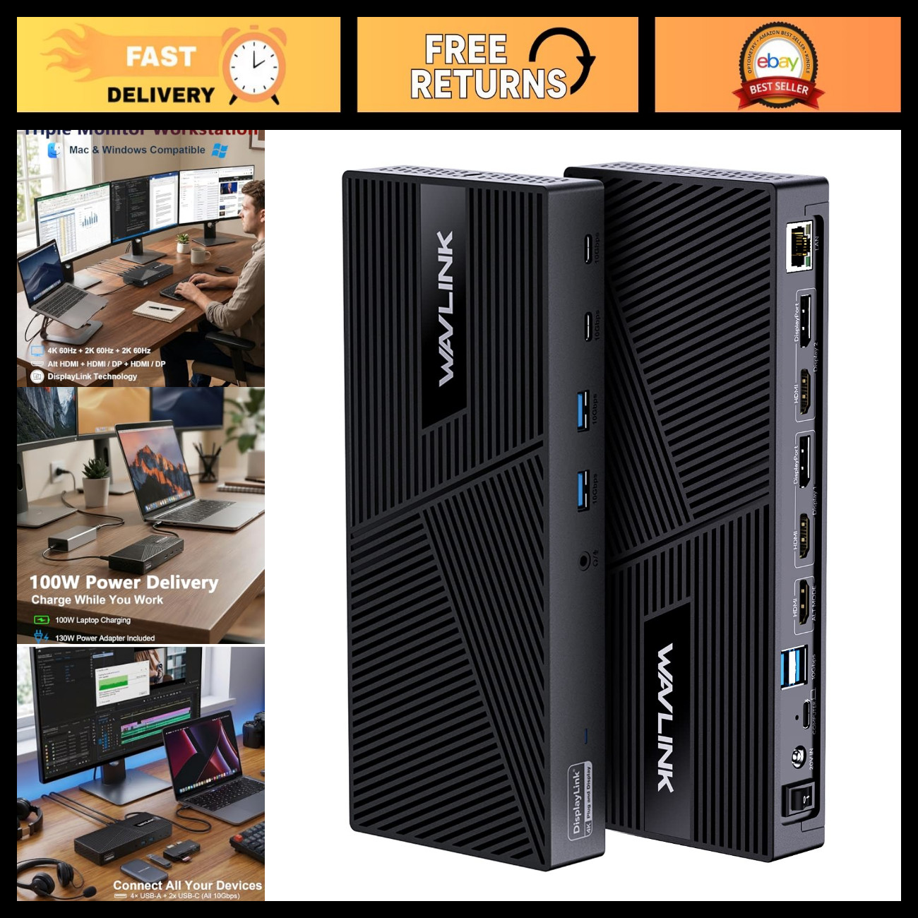 3 Monitor Docking Station for MacBook & Windows - 100W PD, HDMI, DisplayPort, US