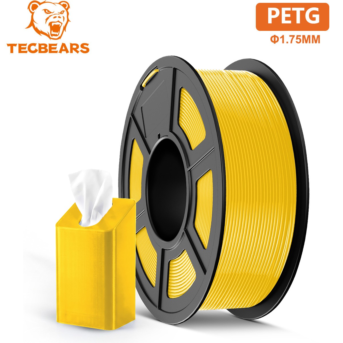 TECBEARS PETG 3D Printer Filament Consumables 1.75MM 1KG NO Tangle Bright yellow