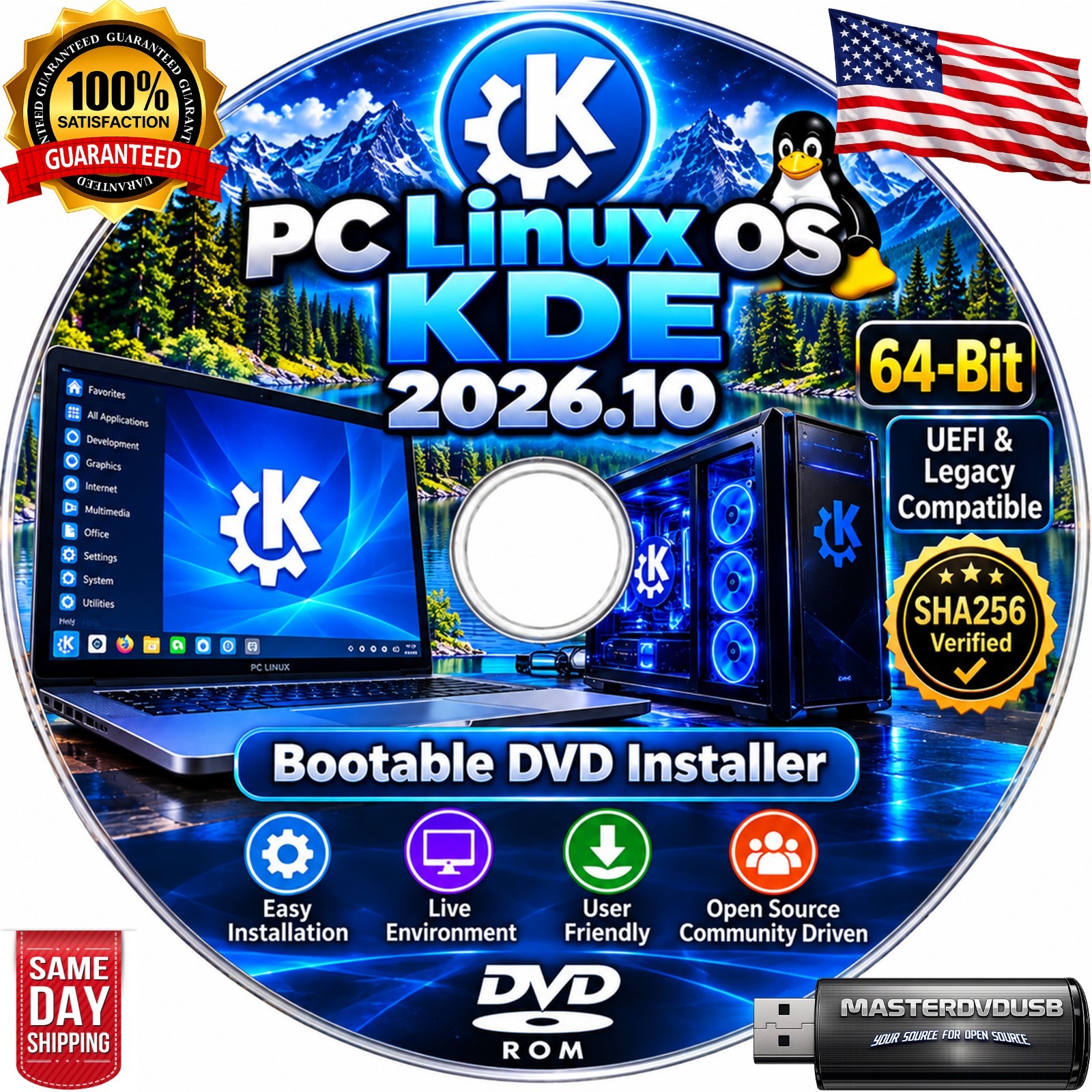 PC Linux OS KDE 2026.10 Bootable DVD Installer | UEFI & Legacy | SHA256 Verified