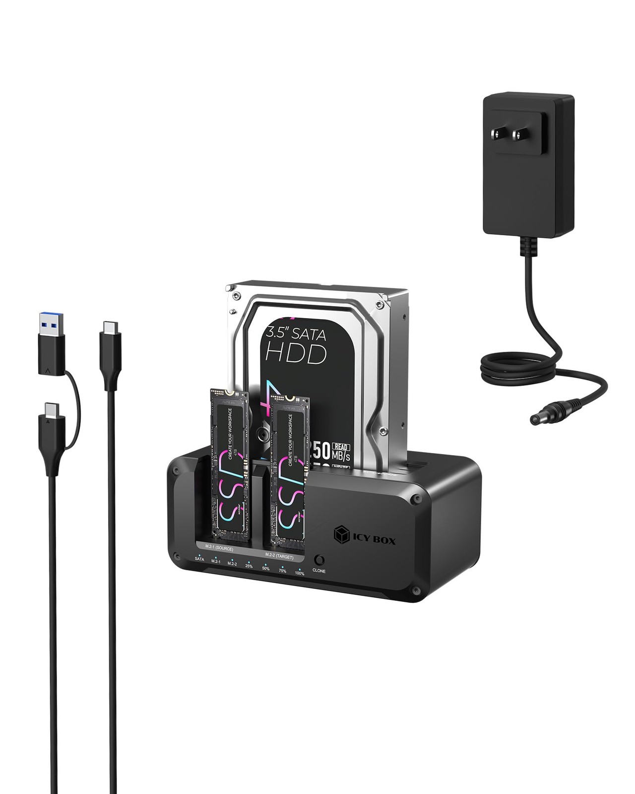 ICY BOX 3-Bay M.2 NVMe SATA HDD SSD Docking Station USB-C 10Gbps Cloner