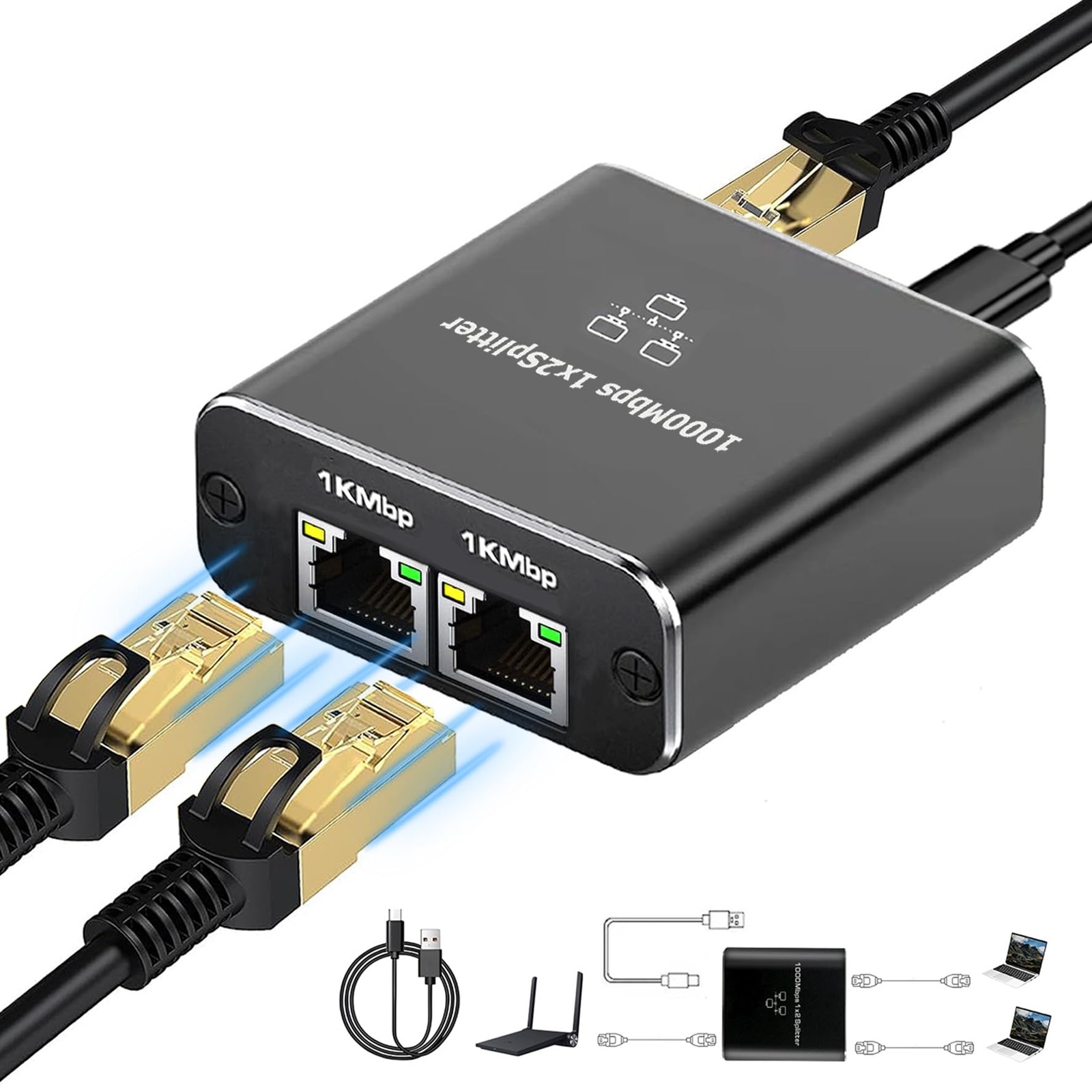 Gigabit Ethernet LAN Splitter 1 To 2 High Speed 1000Mbps RJ45 Cat5/6/7/8 Power