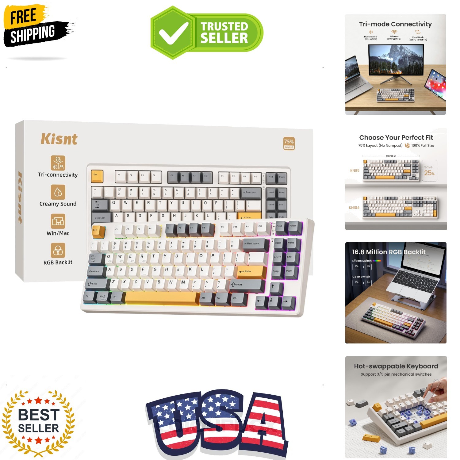 KN85 Wireless Mechanical Gaming Keyboard, 75% Layout with RGB Backlit, Custom...