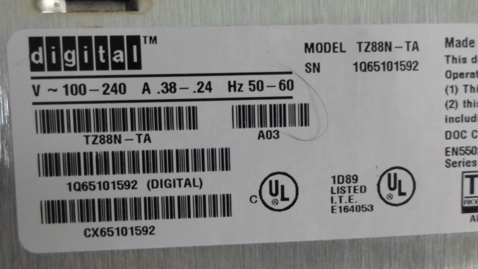 DEC Digital TZ88 TZ88N-TA DLT Linear Tape Drive