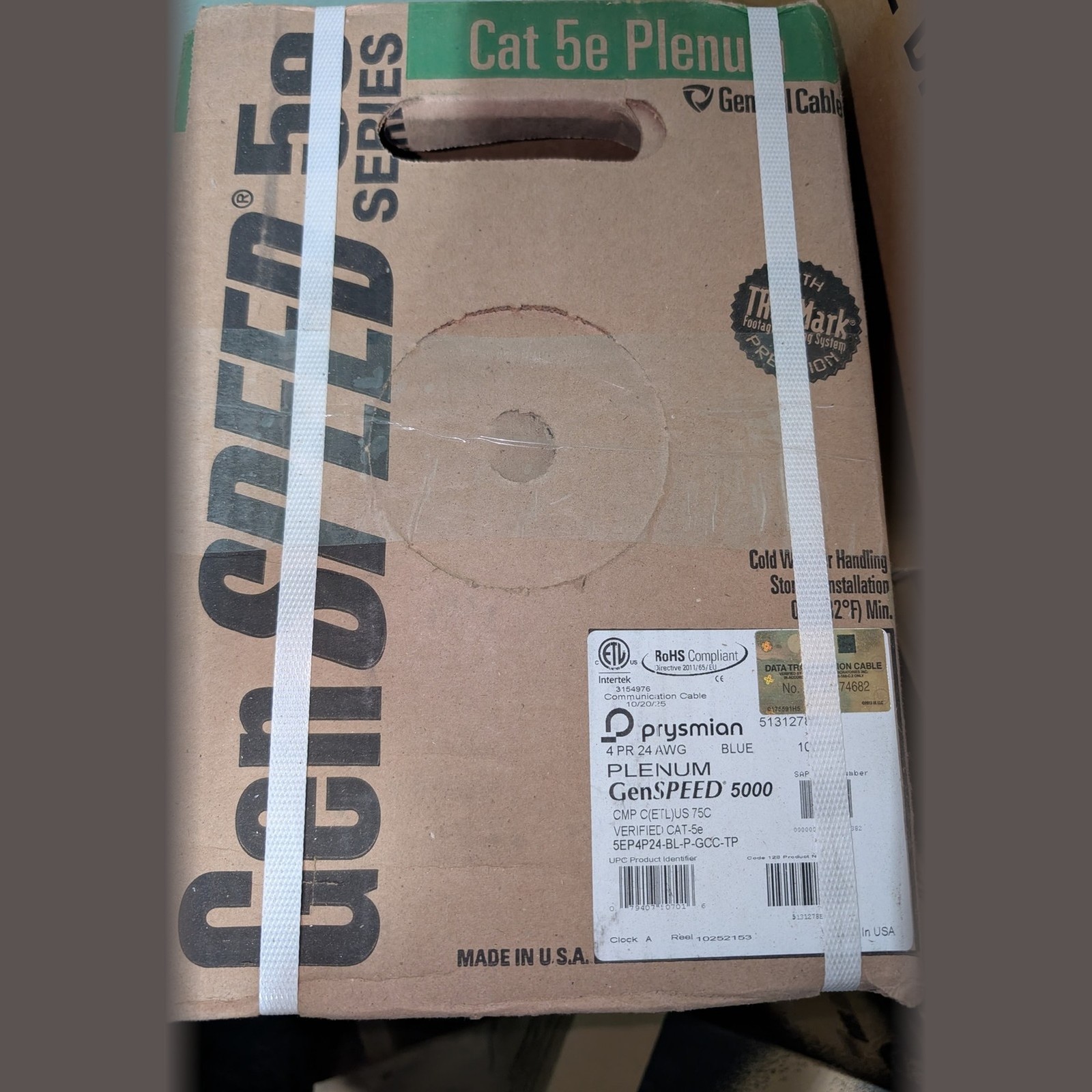 General Cable GenSPEED 5000 Cat5e Plenum CMP 1000ft Blue 24AWG Solid Copper NEW