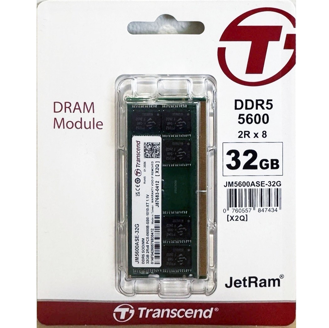 Transcend JetRam 32GB 5600MHz PC5-44800 Non-ECC Unbuffered Laptop DDR5 SODIMM