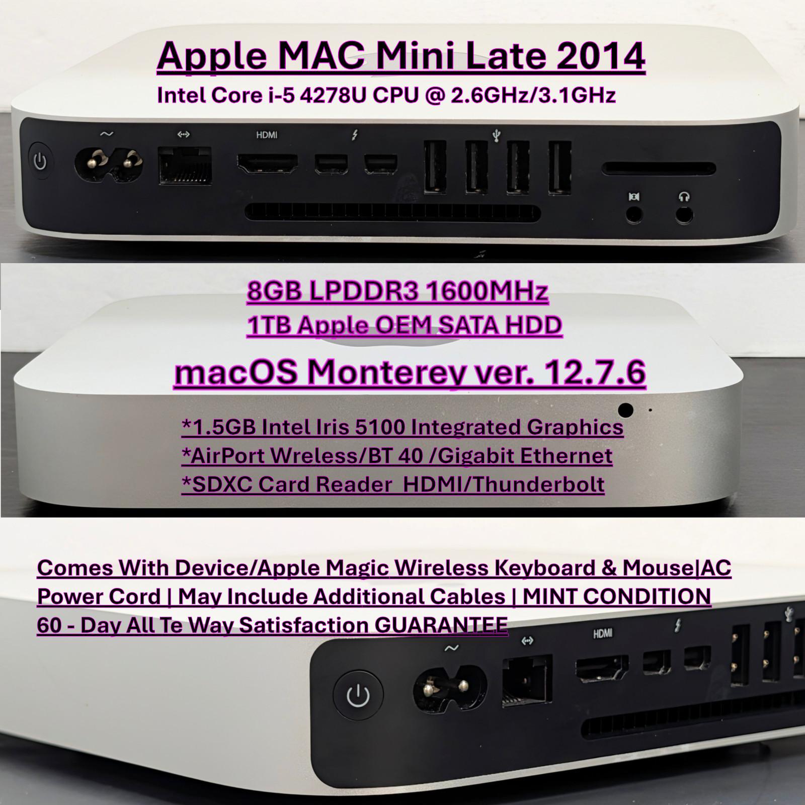 Apple 2014 Mac Mini DT Intel Core i5-4278U 2.6GHz  8GB RAM | 1TB HDD|A1347 |MINT