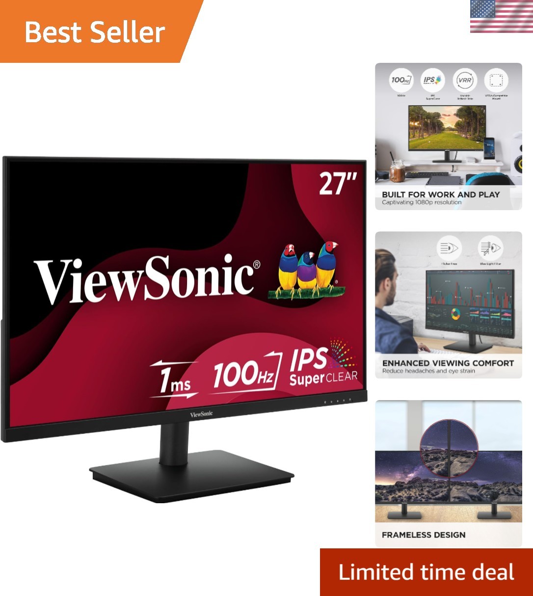 27 Inch 1080p IPS Monitor with 100Hz, Variable Refresh Rate, Thin Bezels, Eye...