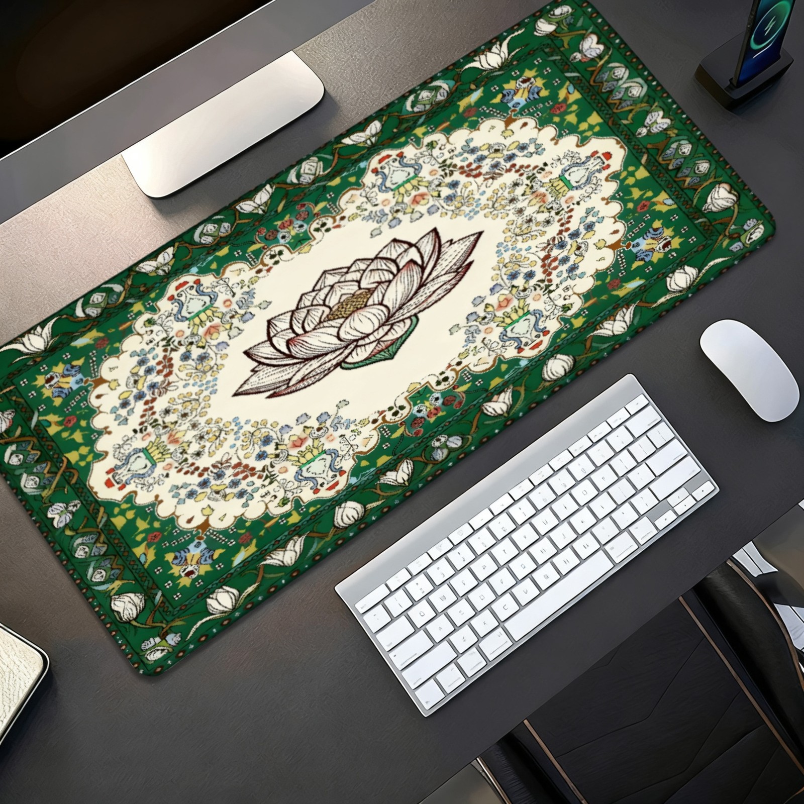 Gaming Desk Mat, Persian Rug for Lotus Flower Desk Mat, Green Ornate Carpet Bo
