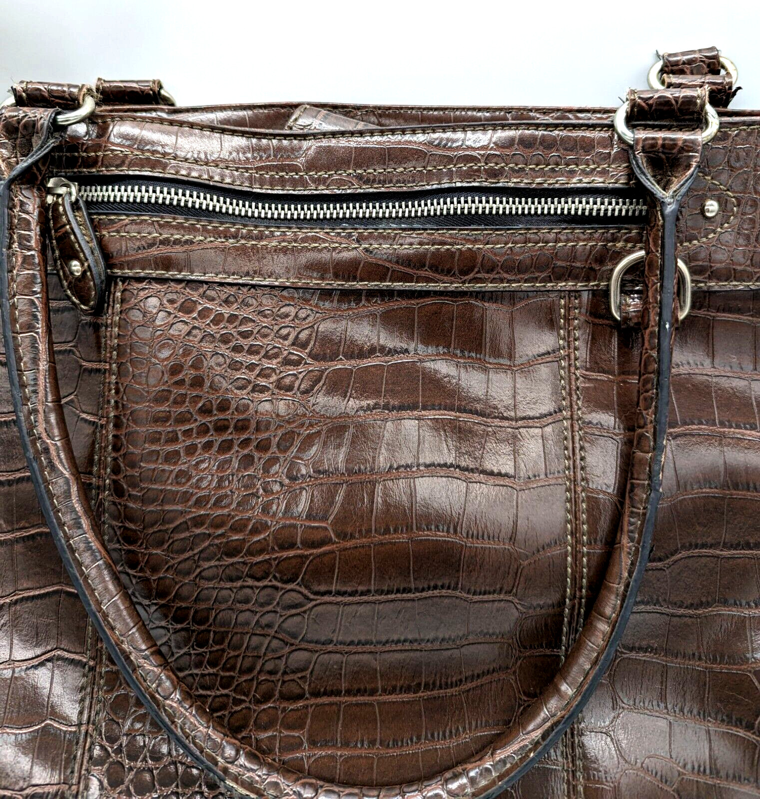 Ladies Briefcase Tote Brown Pebbled Faux Croc Double Handles Laptop Compatible