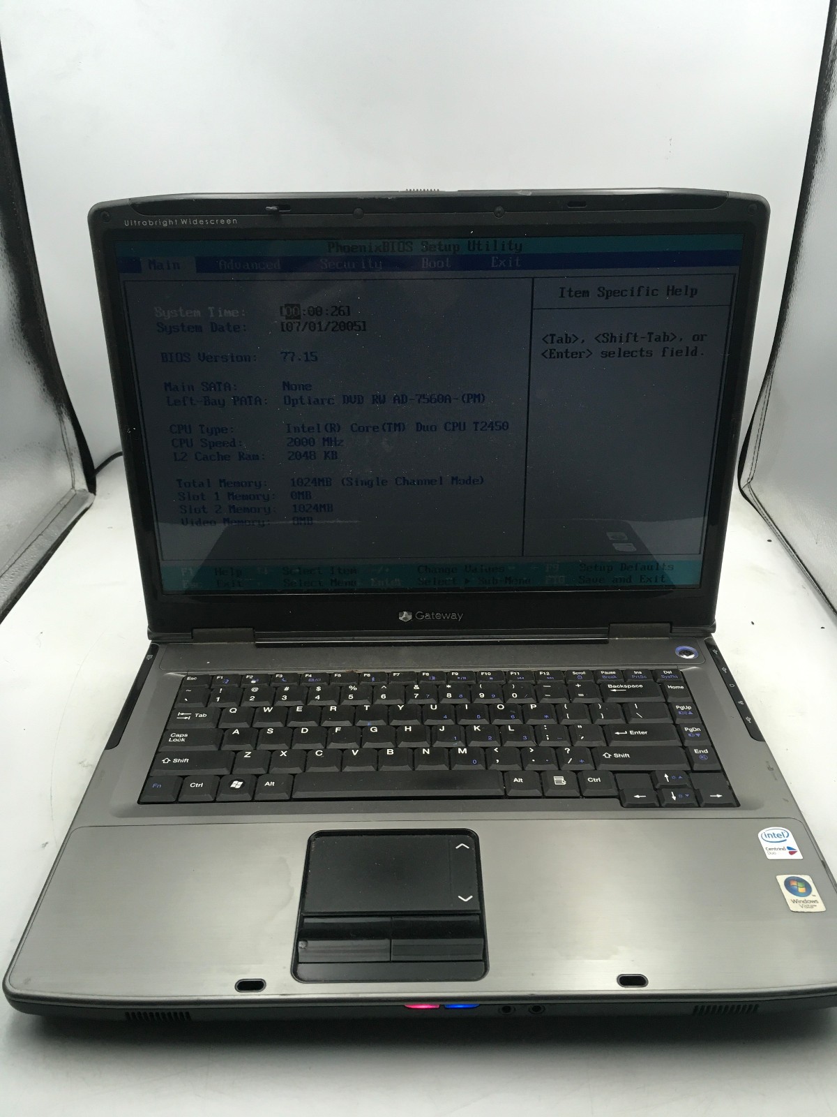 GATEWAY M1A7 MT6840 -BOOTS TO BIOS- INTEL T2450 - NO RAM - 15" - NO OS -READ-BB