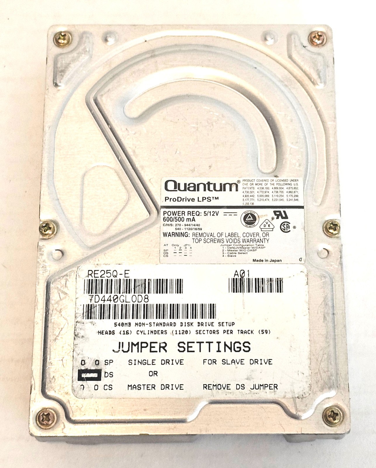 Quantum Pro Drive LPS  540AT 540MB IDE Hard Drive P/N: TB54A474 Rev 04-A READ