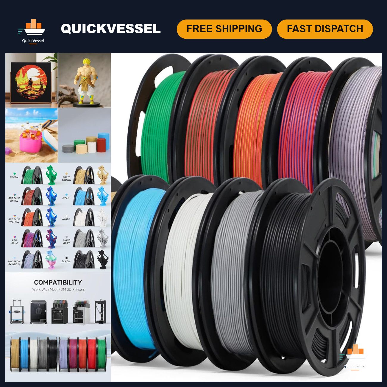 10 Color 1.75mm Matte PLA 3D Printer Filament Bundle - 250g Each, High Quality