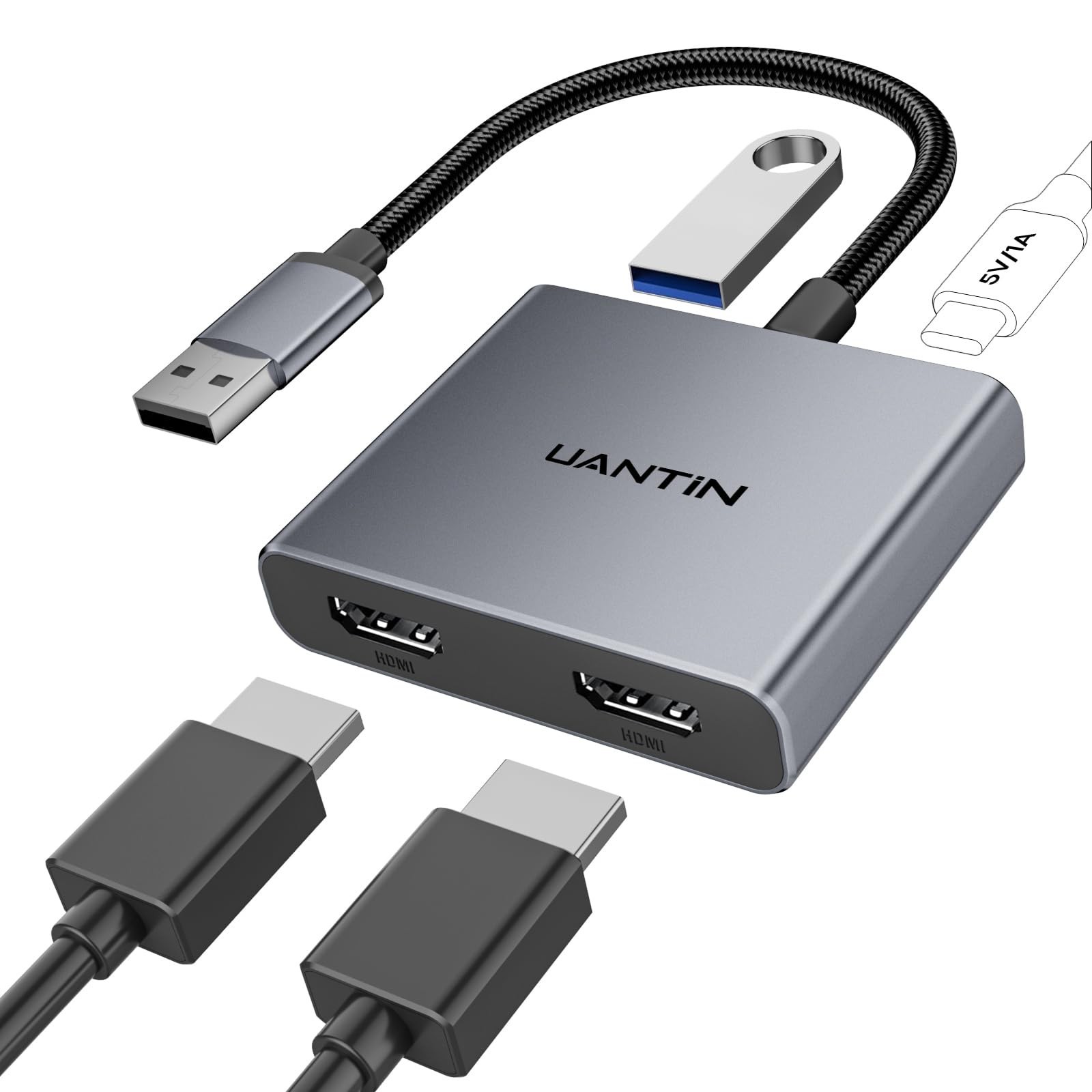 Dual HDMI Adapter, USB-A to Dual HDMI, Extended Display for Dual Monitor Setup