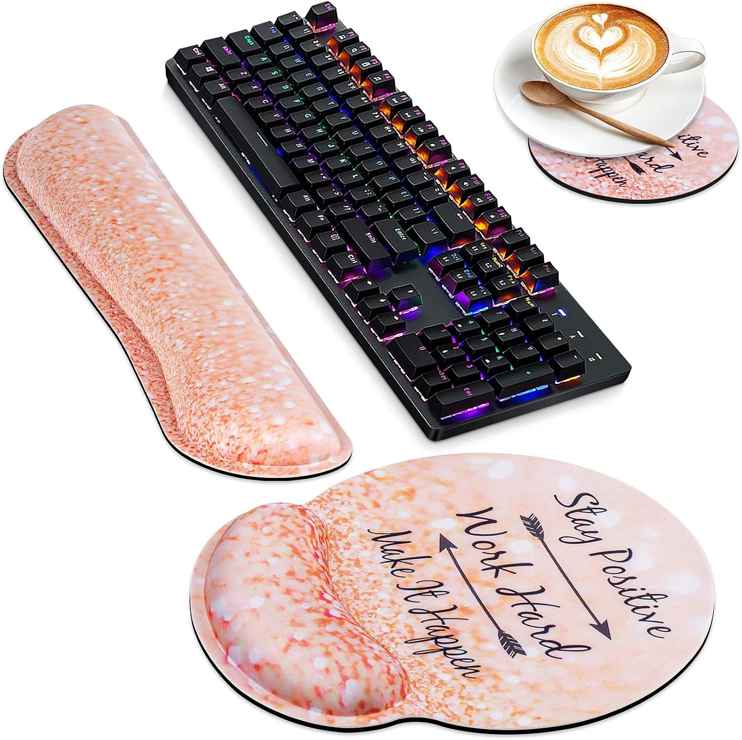 Ergonomic Mouse Pad Keyboard Wrist Rest Set 3pc Champagne Memory Foam Desk Mat