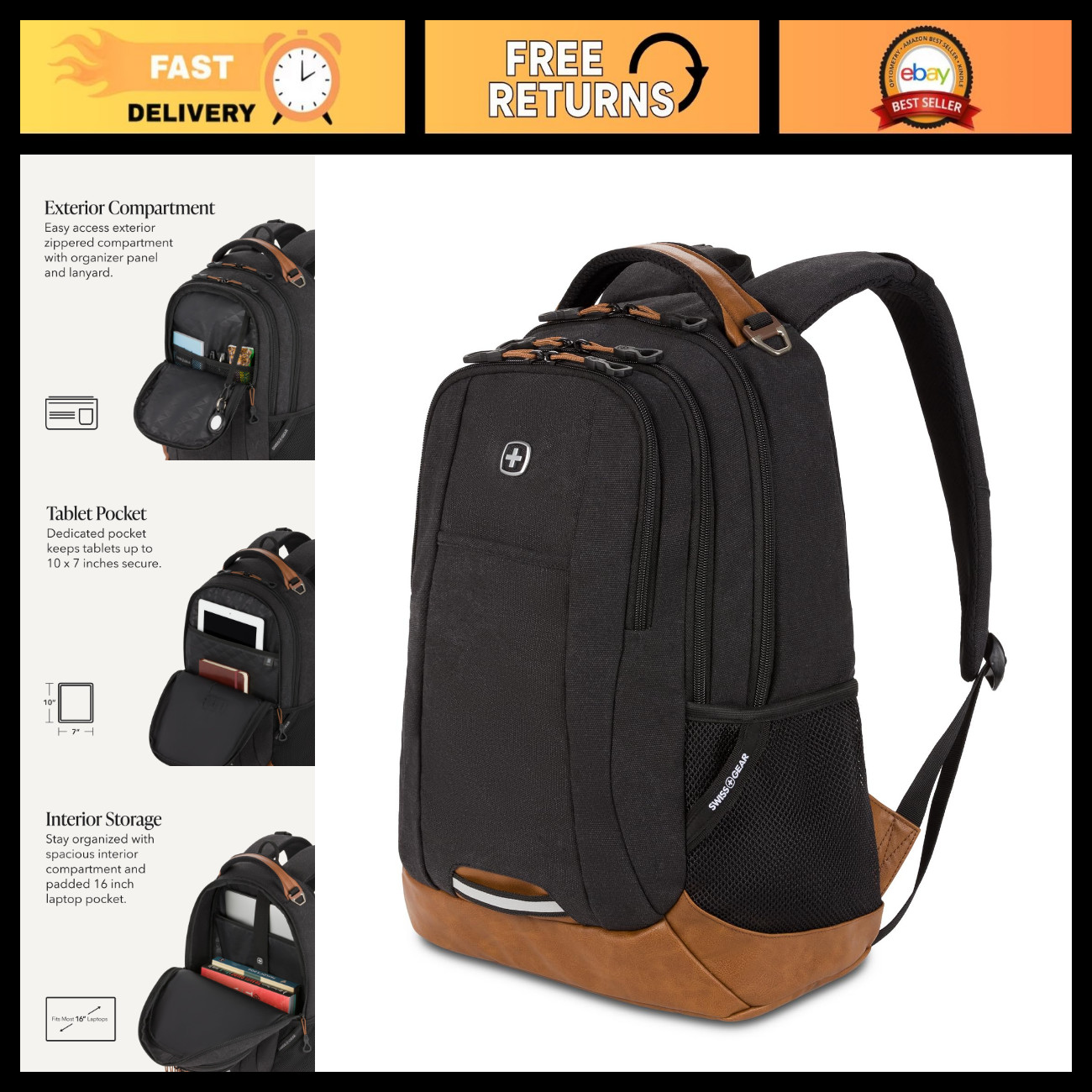 16-Inch Laptop Backpack, 3-Compartment Design, Airflow Back Panel, Black, 27.3L