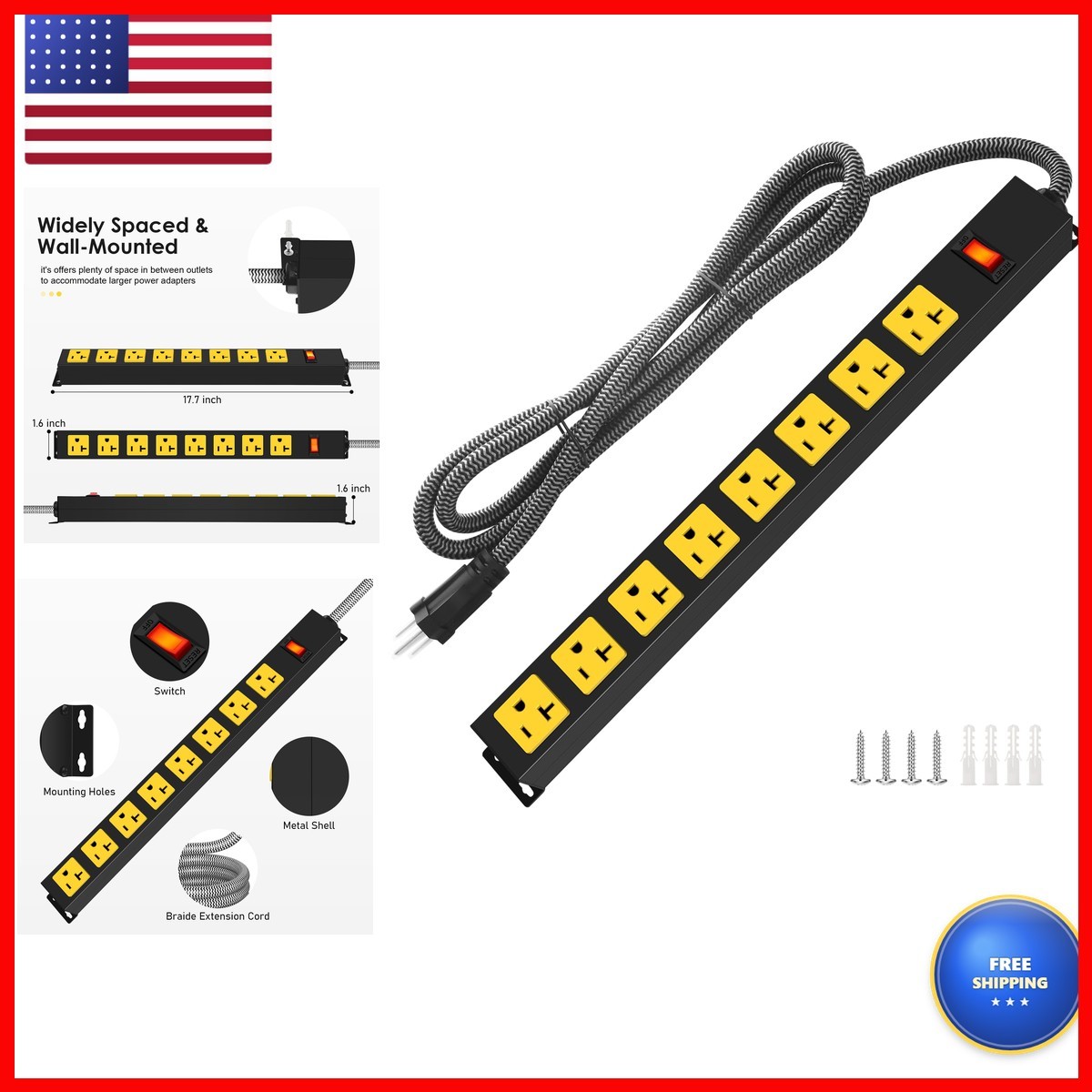 20Amp Power Strip Surge Protector 8-Outlets Metal Yellow 6FT