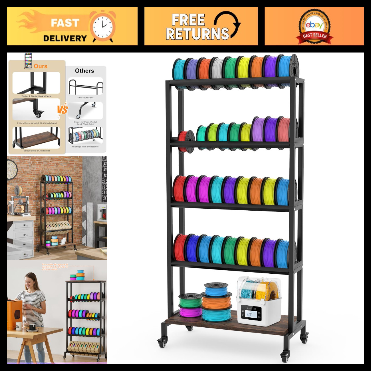 5-Tier 3D Printer Filament Storage Rack - Heavy Duty Metal Spool Holder for PLA/