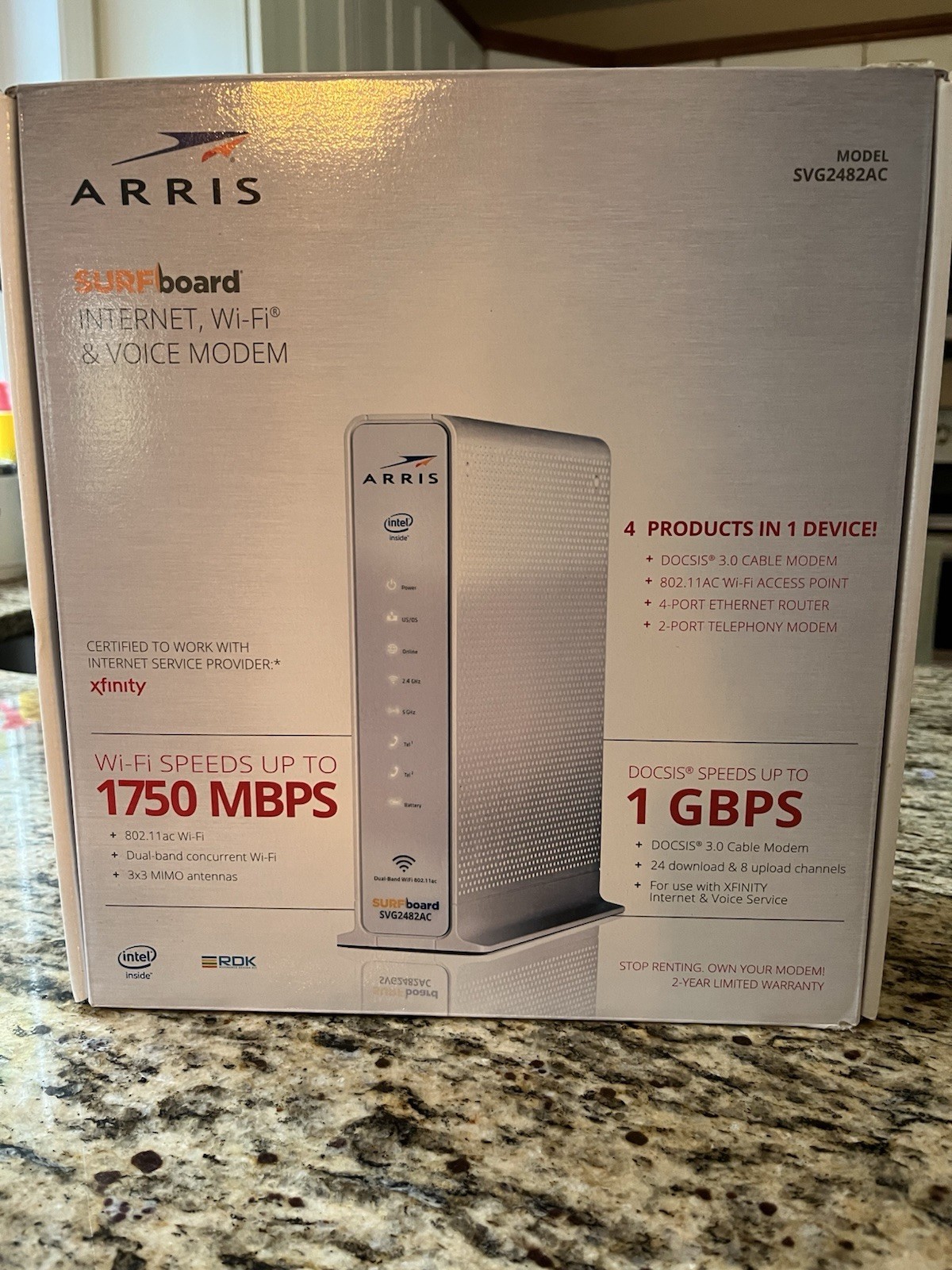 ARRIS SURFboard SVG2482AC DOCSIS 3.0 802.11ac WiFi Voice Modem, 4-Port White