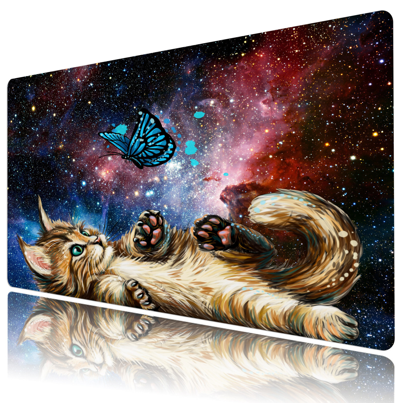 Butterfly Cute Cat Space Desk Mat for Keyboard Mouse Desk Pad 31.5x15.7 inch
