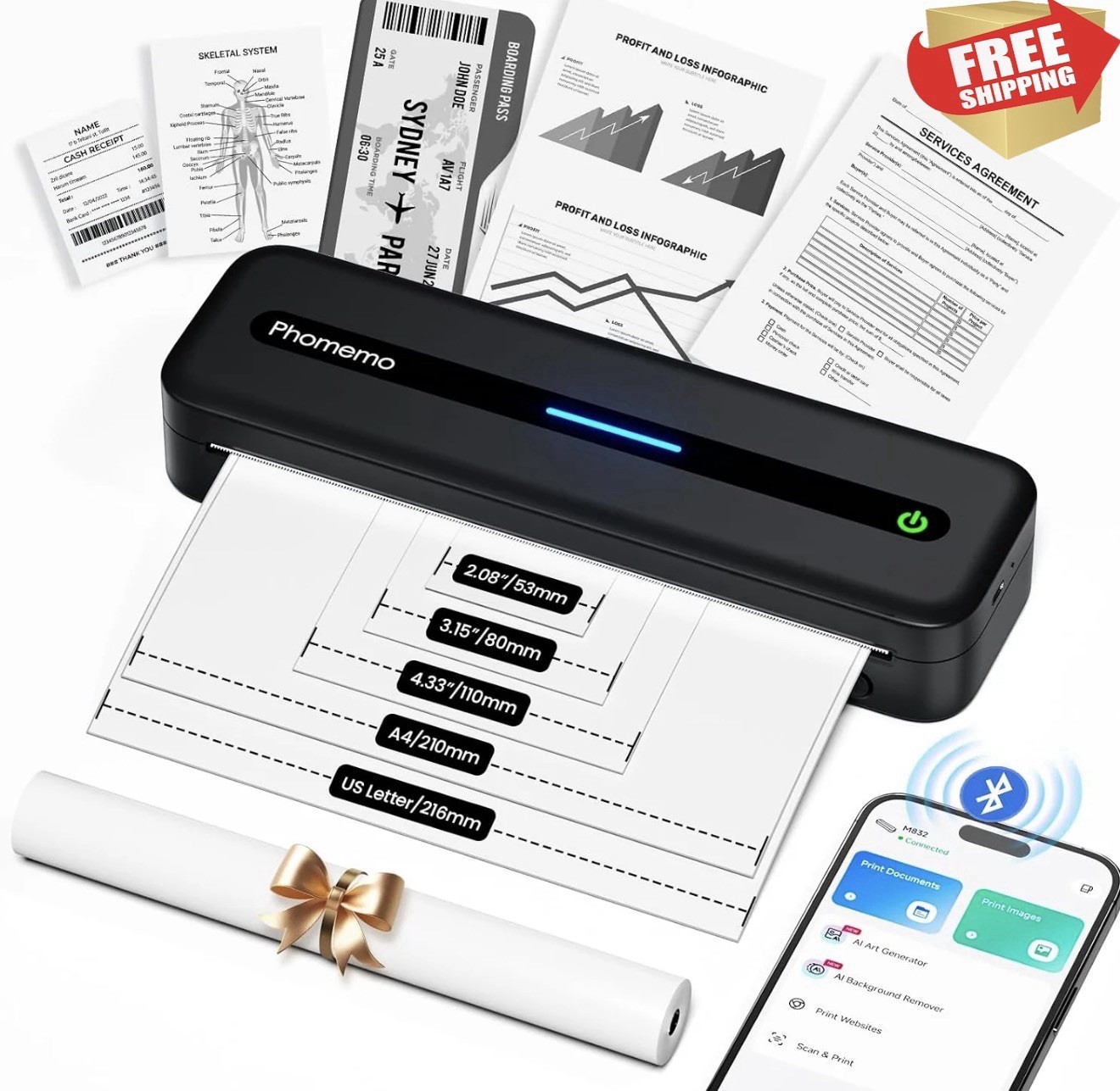 Phomemo M832 Thermal Printer Wireless Support US Letter/ A4 (+1 Roll of paper)