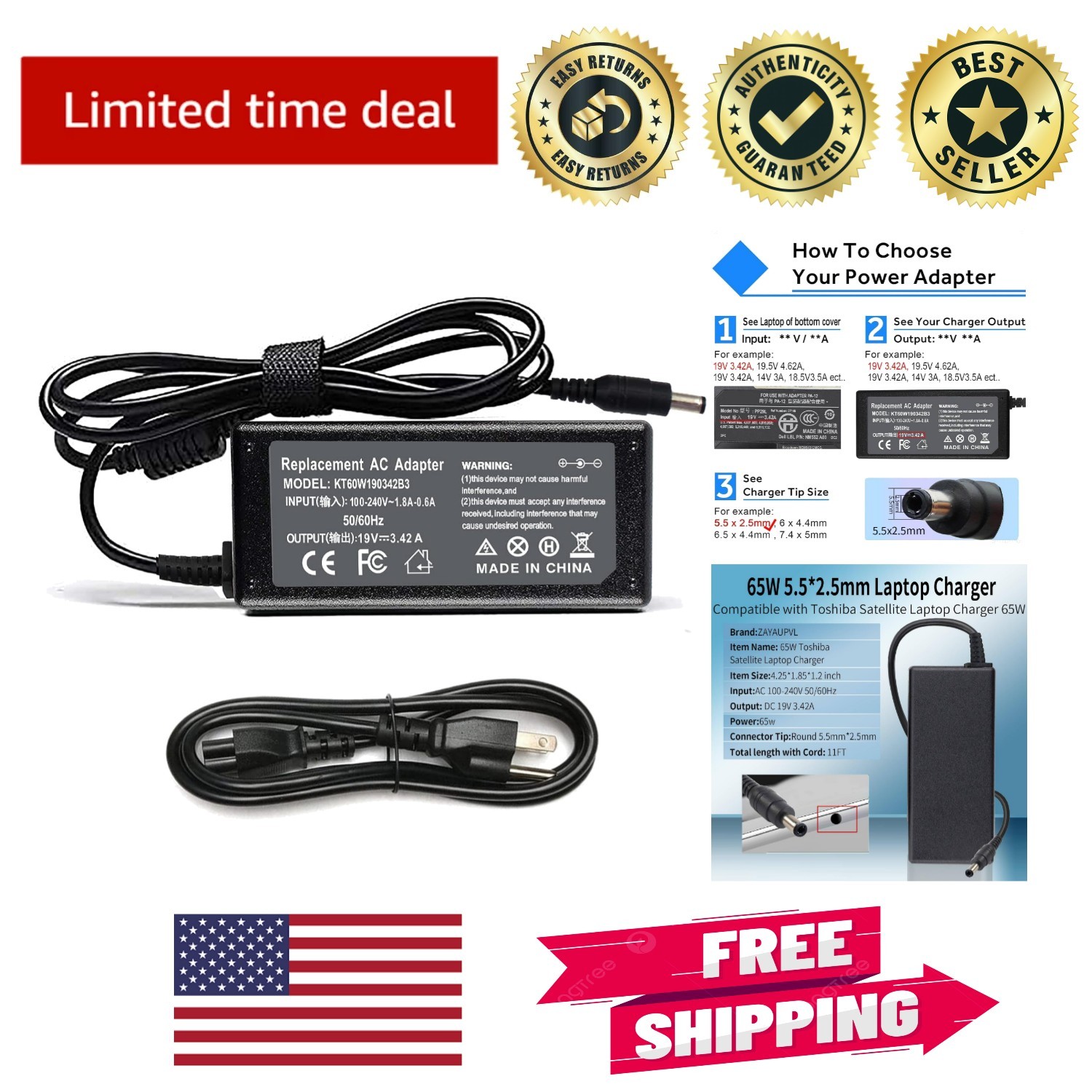 Compact 65W Laptop Charger for Toshiba - Short Circuit Protection & 3.42A Power