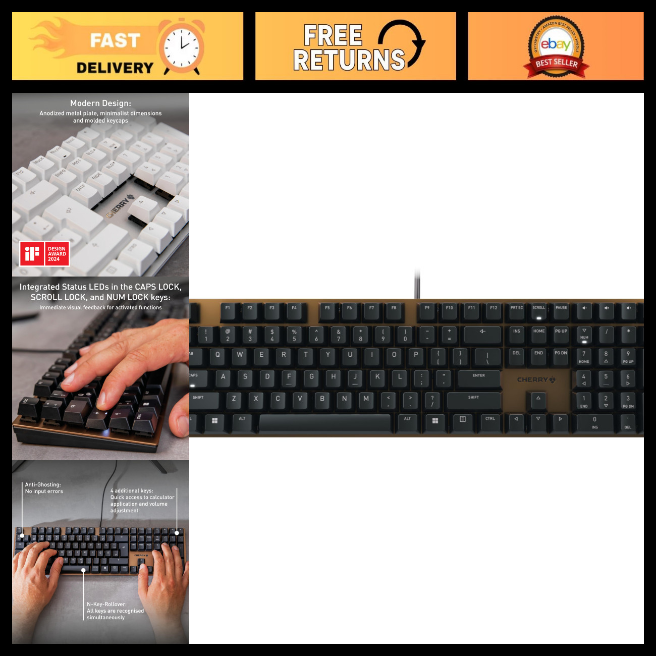 Wired Mechanical Office Keyboard with Brown Switches - Cherry MX2A, Ergonomic De
