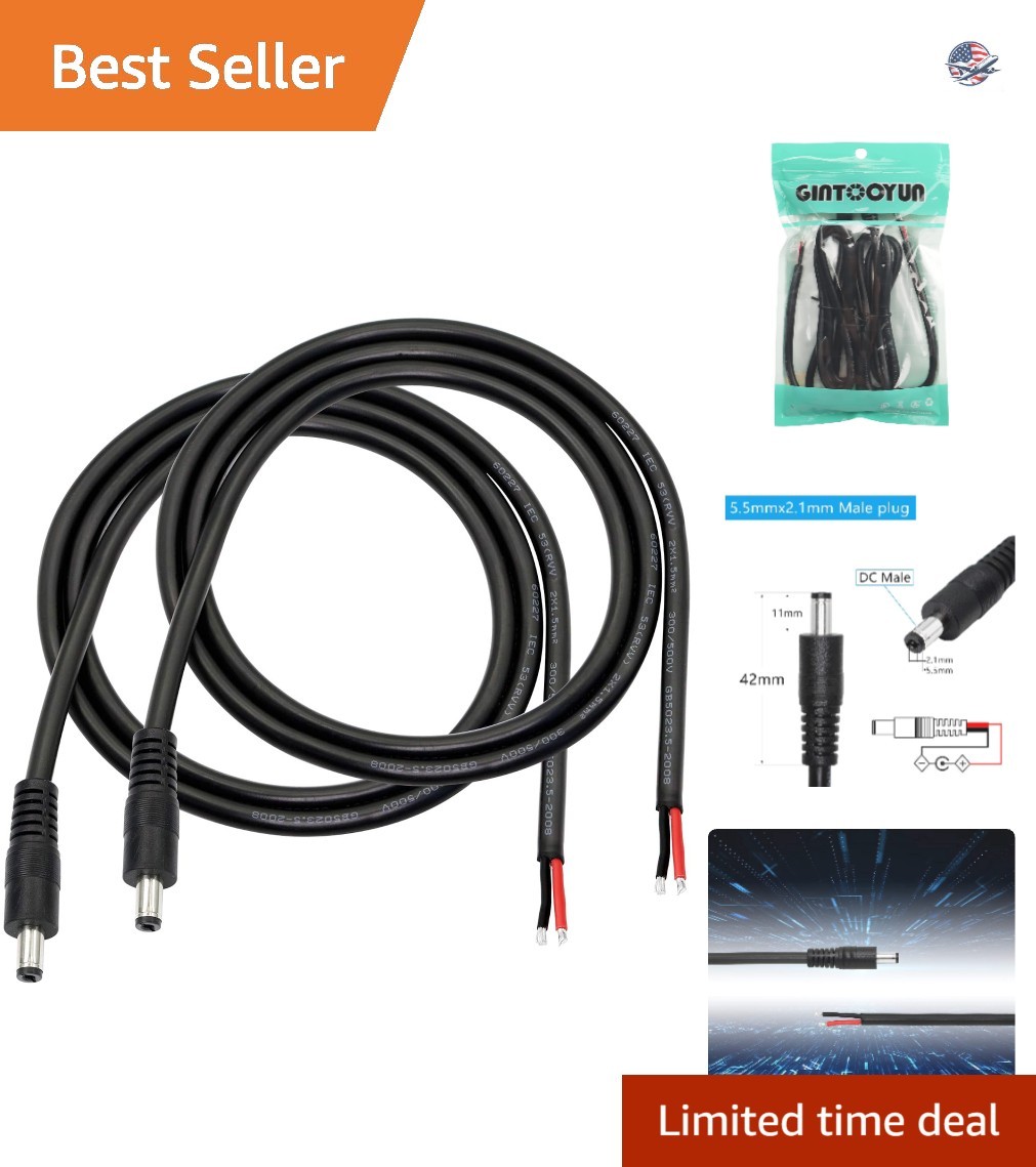 High-Performance 3FT DC Power Cable with Pre-Stripped Connections - 16 AWG