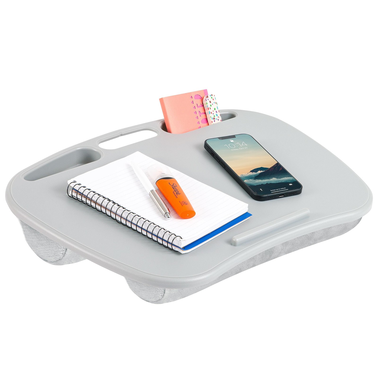 Portable Cool Gray Laptop Lap Desk With Storage And Dual Bolster Cushion