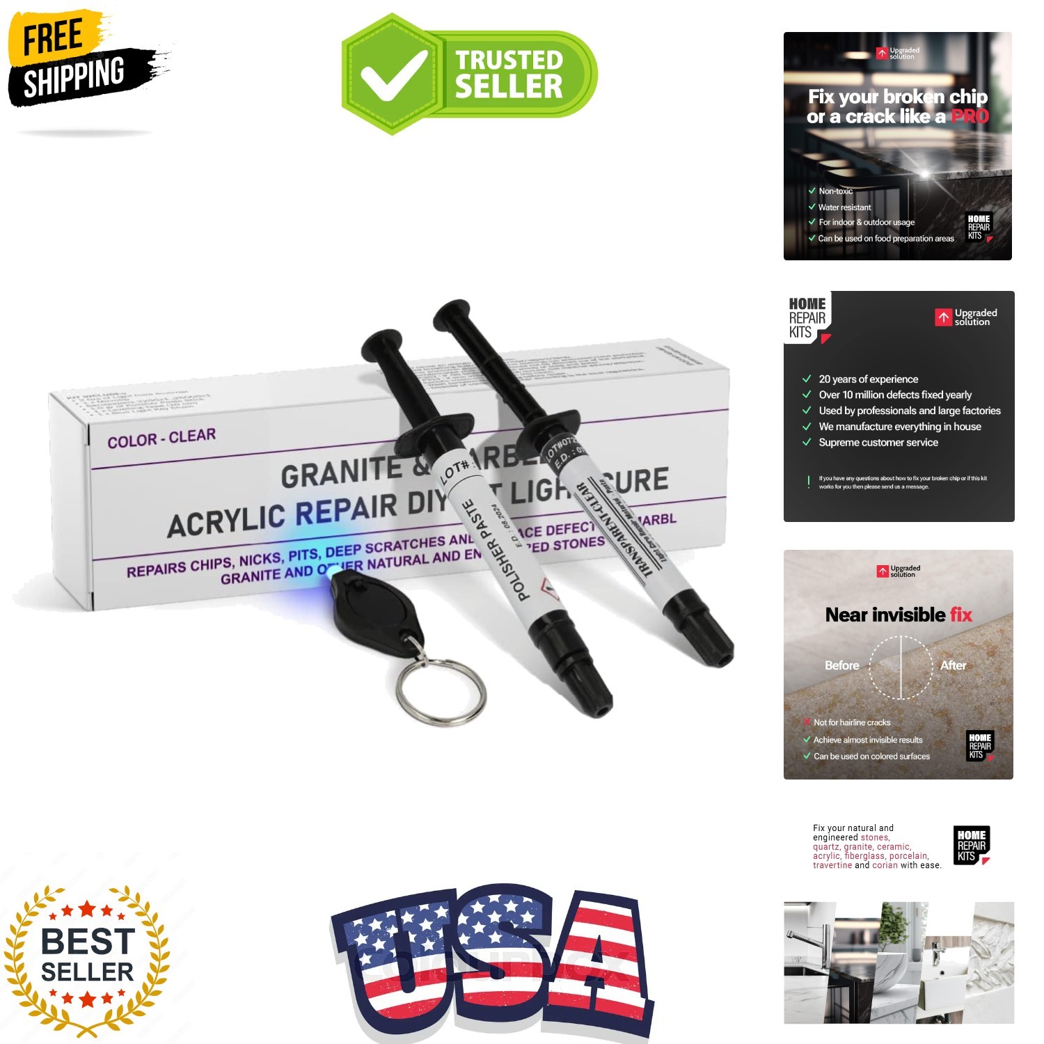 Granite, Marble, Quartz & Acrylic Repair Kit Clear/Transparent - Suitable for...