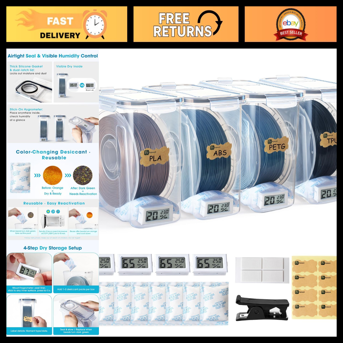 4 Pack 3D Printer Filament Storage Box - Airtight, Waterproof, Dustproof Contain