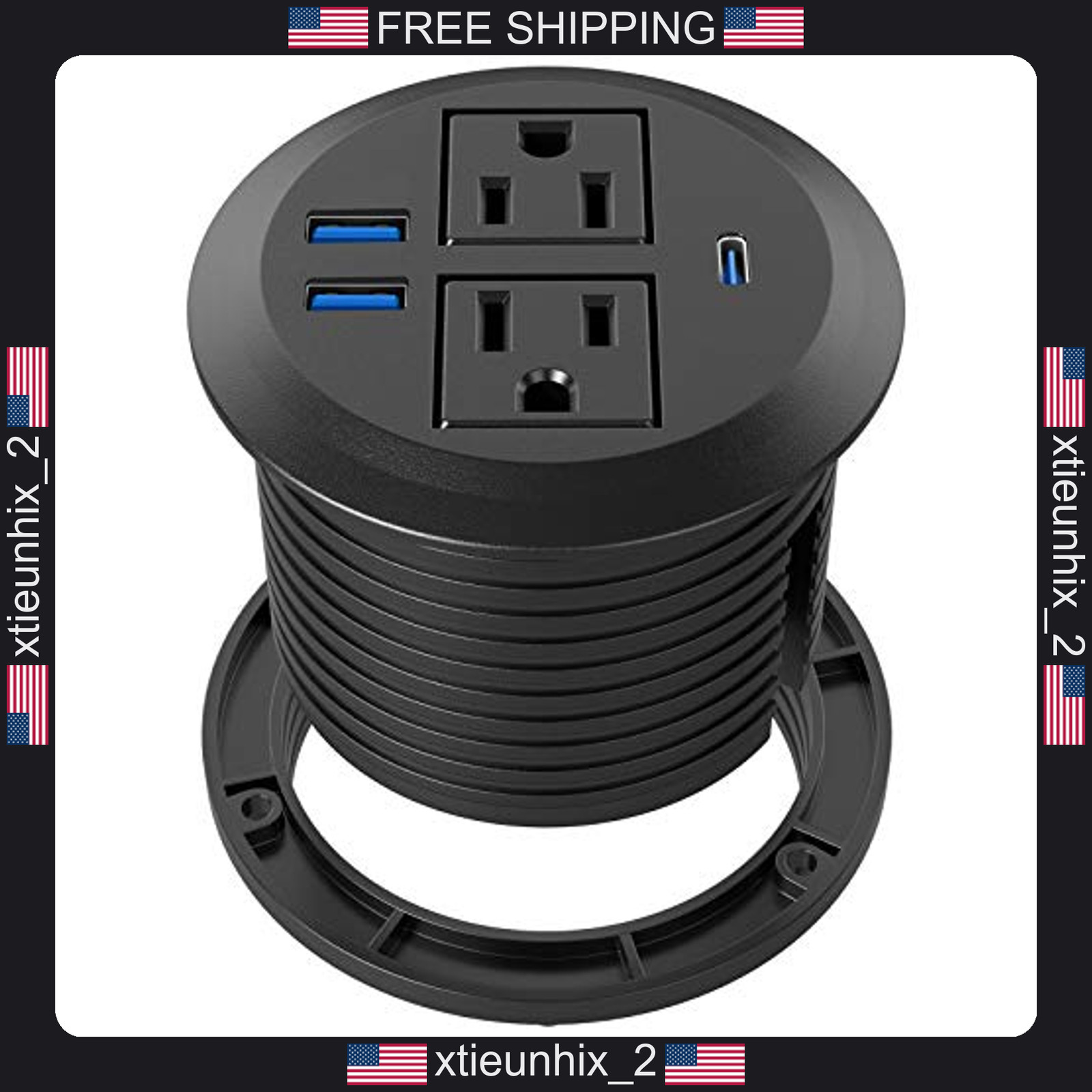 Recessed Desk Power Grommet with USB-C & Outlets, Black, 3 Ports