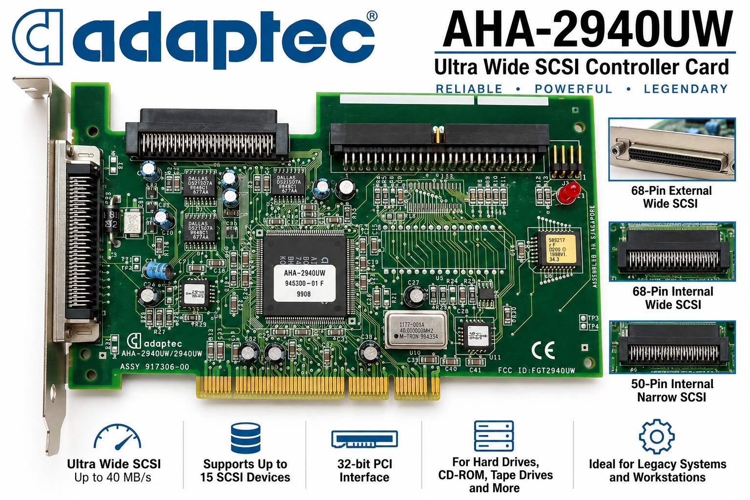 Adaptec AHA-2940UW PCI Ultra Wide SCSI Controller Card 917306-00 68-Pin